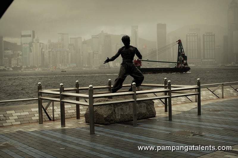 Bruce Lee Statue on Avenue of Stars (side view with Hong Kong Island background)