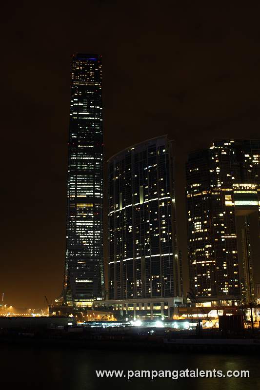 Kowloon west at night: Left to right: International Commerce Centre; The Habourside; The Arch; The Waterfront (View from China Ferry Terminal)